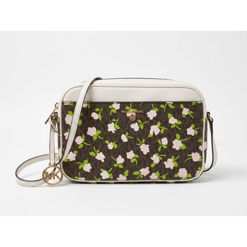 NWOT Michael Kors Jet Set Large East West Camera Crossbody Bag Floral Brown Logo